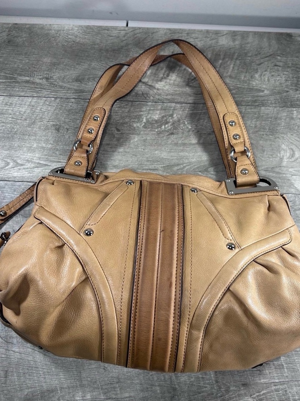 B. Makowsky Tan Glove Leather Double Handles Hobo Shoulder Satchel Bag Purse